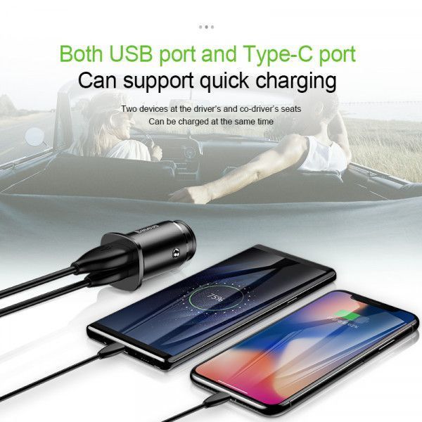 Автомобільна зарядка Baseus Square Metal QC 4.0 PD3.0 30W USB + Type-C 5A Black арт.221 фото