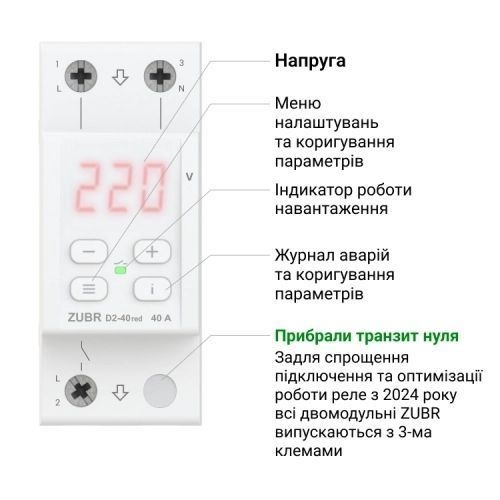 Реле напряжения с контролем тока AC ZUBR CV2-40 red 2Р 40A 220V ZUBR CV2-40 red фото