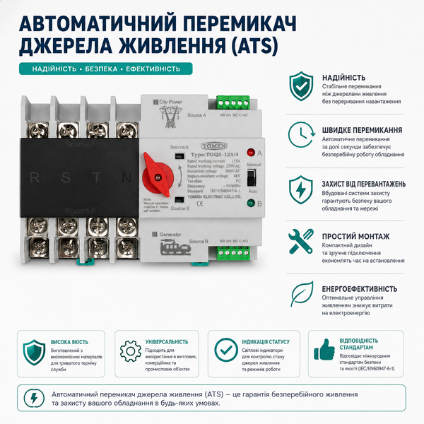 Автоматический трансферный выключатель (АВР) АС TOMZN TOQ5-125/4 4P 125A 220V авт.55 фото